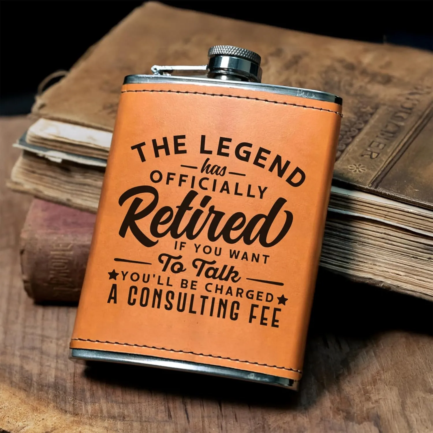 Birthday Gifts for Men, Dad Birthday Gift, Flask for men, 8oz Leather Flask with Funnel, 304 Stainless Steel Whiskey Flask for Dad, Retirement Gifts for Men (Retire1)