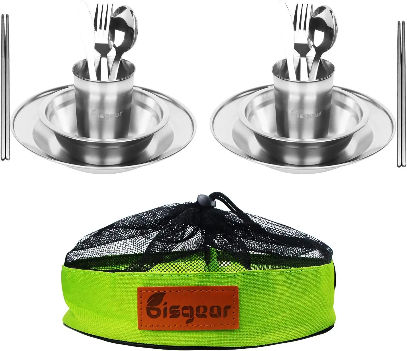 Bisgear Stainless Steel Tableware Mess Kit Includes Plate Bowl Cup Spoon Fork Knife & Mesh Travel Bag for Backpacking & Camping