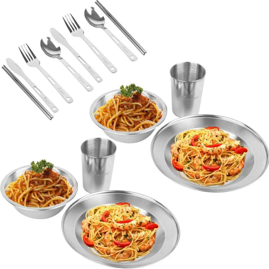 Bisgear Stainless Steel Tableware Mess Kit Includes Plate Bowl Cup Spoon Fork Knife & Mesh Travel Bag for Backpacking & Camping