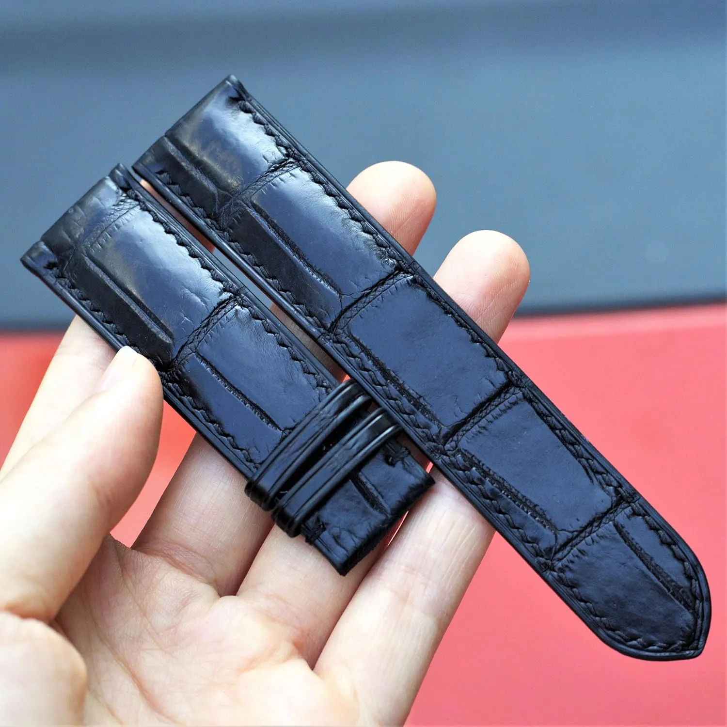 Black Alligator leather watch strap, leather replacement watch bands, high quality leather watch straps (With Steel Folding Clasp, 15mm)