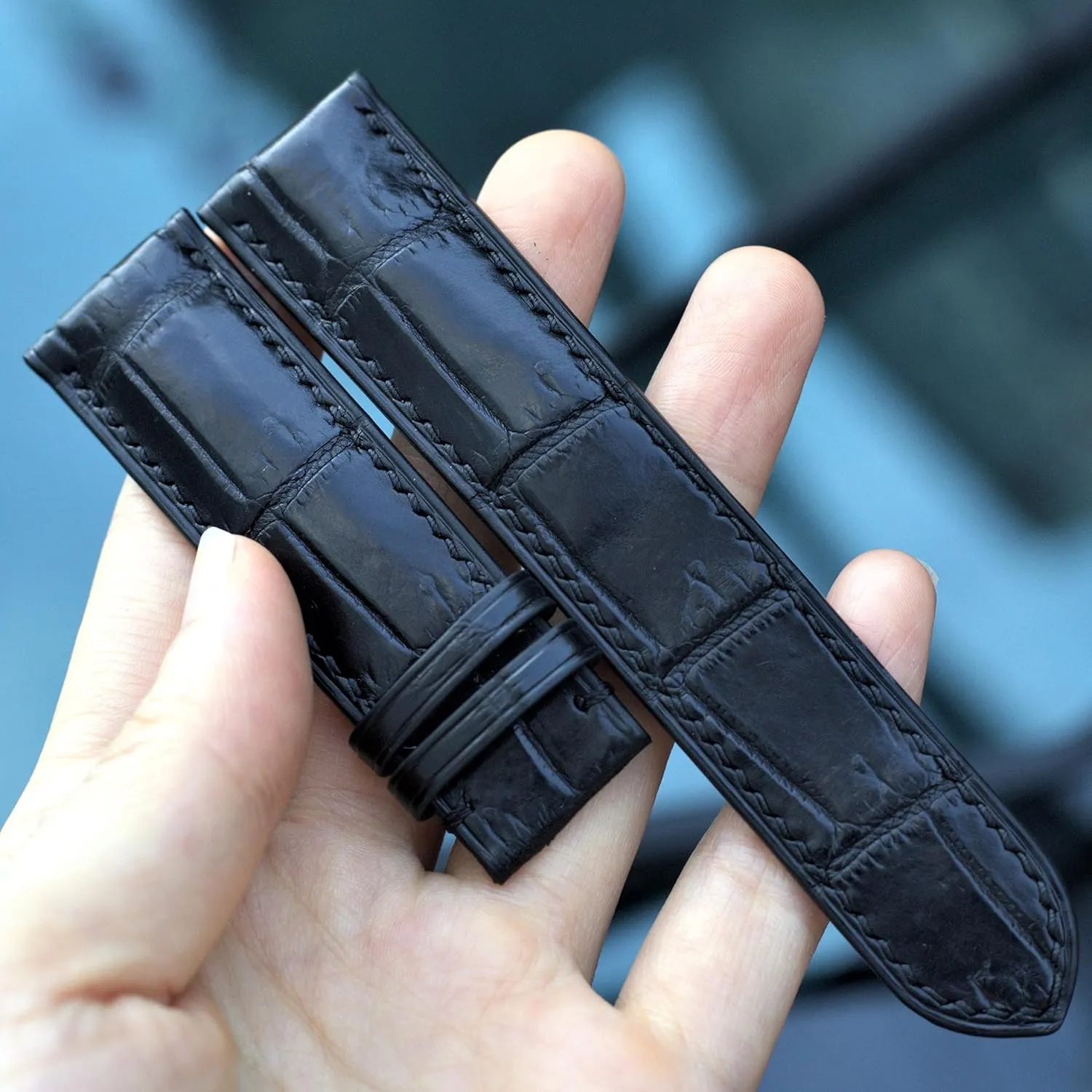 Black Alligator leather watch strap, leather replacement watch bands, high quality leather watch straps (With Steel Folding Clasp, 15mm)