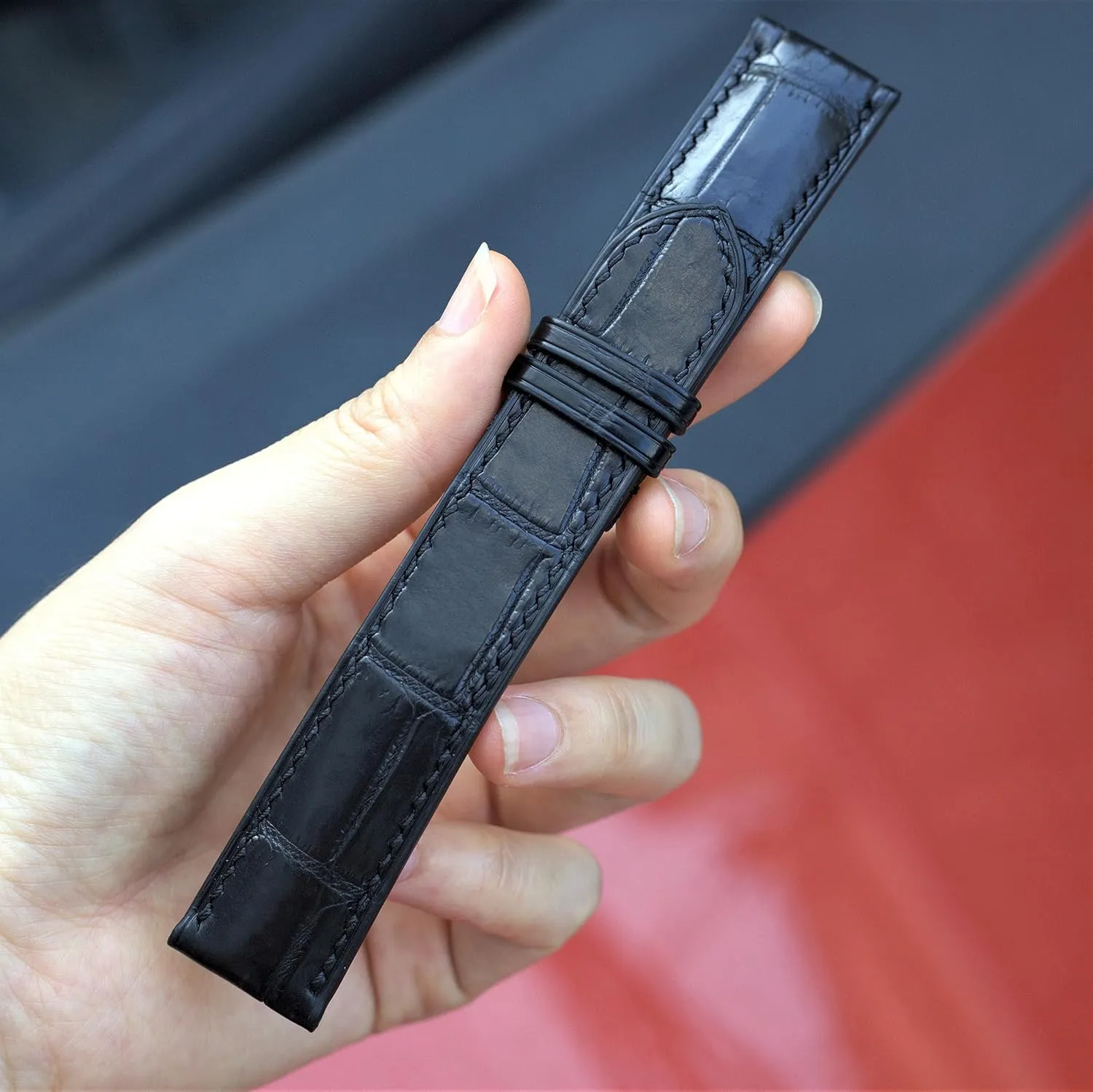 Black Alligator leather watch strap, leather replacement watch bands, high quality leather watch straps (With Steel Folding Clasp, 15mm)