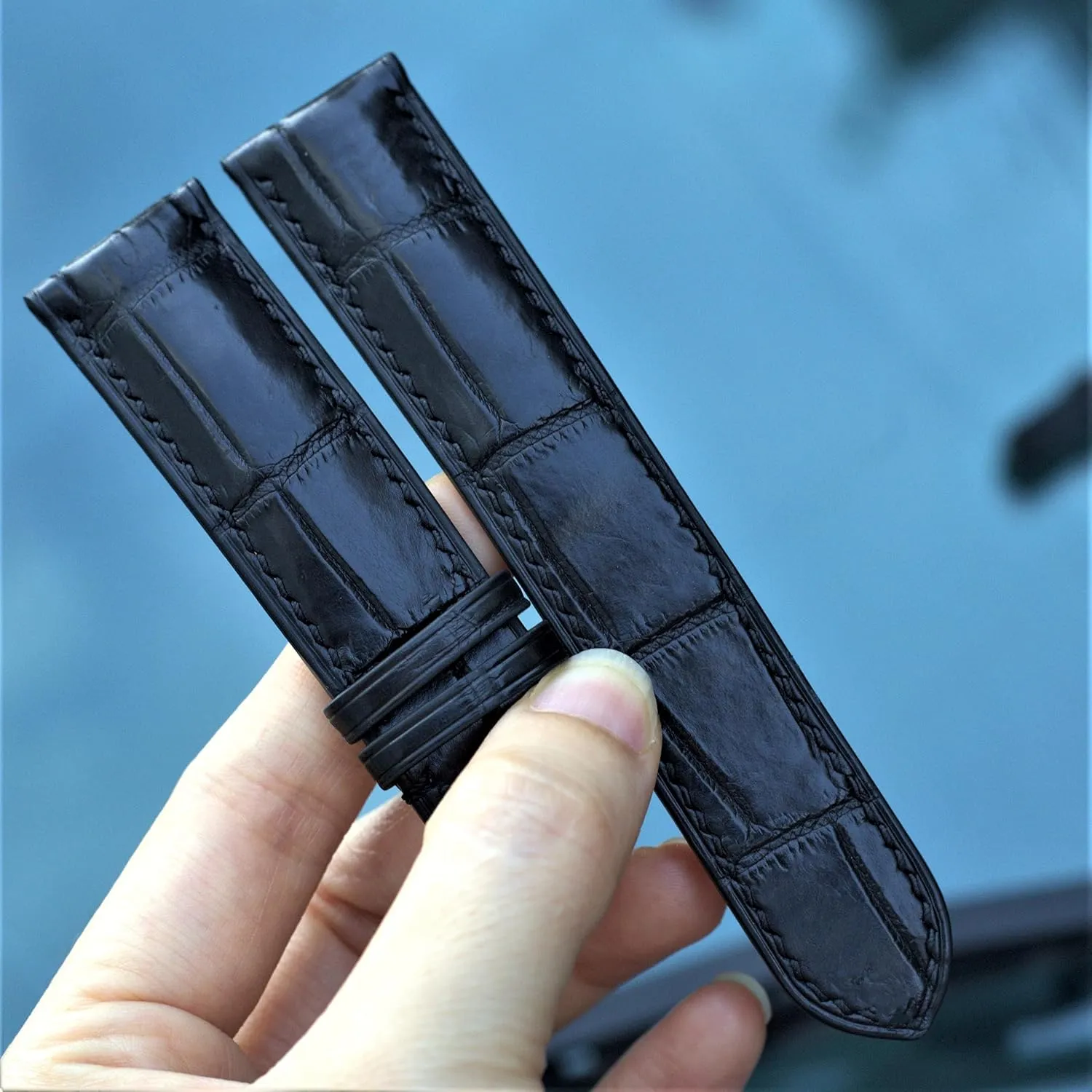 Black Alligator leather watch strap, leather replacement watch bands, high quality leather watch straps (With Steel Folding Clasp, 15mm)