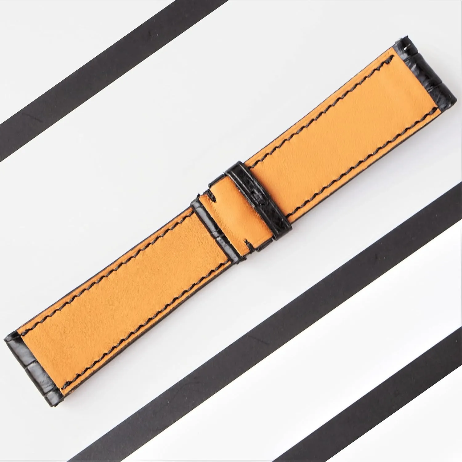 Black Alligator leather watch strap, leather replacement watch bands, high quality leather watch straps (With Steel Folding Clasp, 15mm)