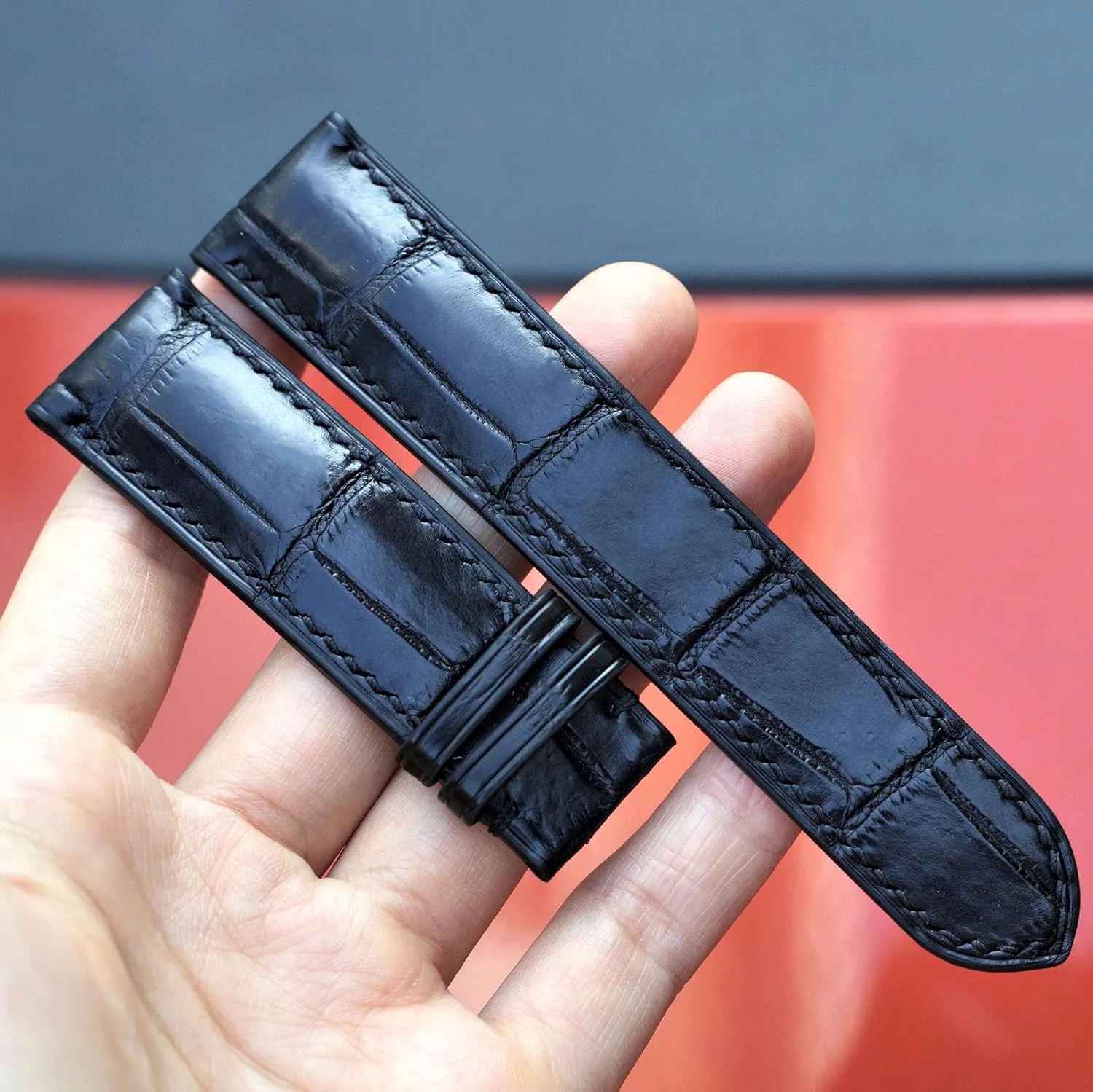 Black Alligator leather watch strap, leather replacement watch bands, high quality leather watch straps (With Steel Folding Clasp, 15mm)