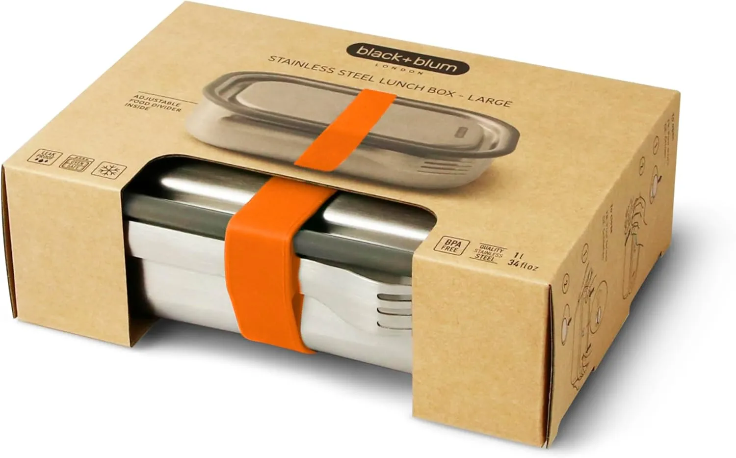 Black Blum Stainless-steel Lunch Box | Leak-proof Oven Safe Plastic Free Meal Prep Lunch Food Container, Orange, 1000ml / 34 fl oz