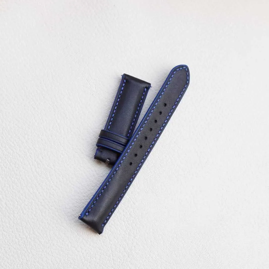 Black Cow leather watch band, Full Grain leather watch strap (18mm, Steel Folding Clasp)