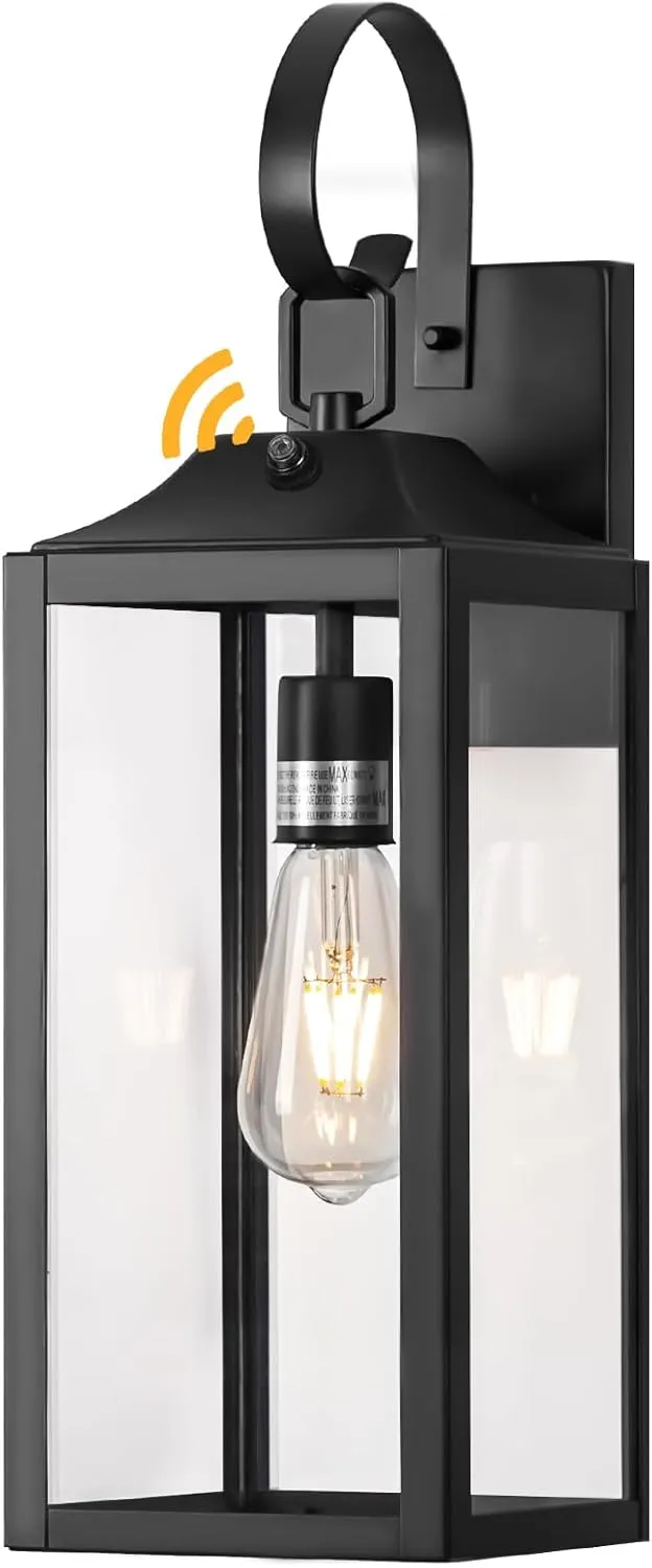 Black Dusk to Dawn Outdoor Wall Lantern, 19" Large Outside Modern Wall Sconce Light Fixture, Farmhouse Porch Light Wall Mount Waterproof for House