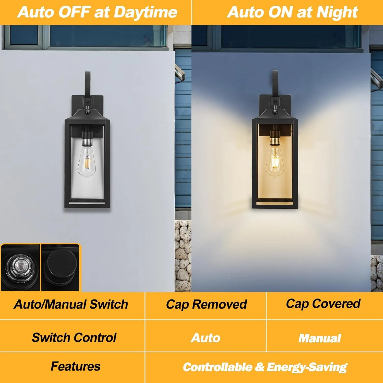 Black Dusk to Dawn Outdoor Wall Lantern, 19" Large Outside Modern Wall Sconce Light Fixture, Farmhouse Porch Light Wall Mount Waterproof for House