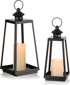 Black Lanterns Decorative Indoor: Outdoor Front Porch Decor 12.6" &15" Set of 2 Modern Hanging Lanterns for Table Centerpieces Mantle Fireplace Decoration