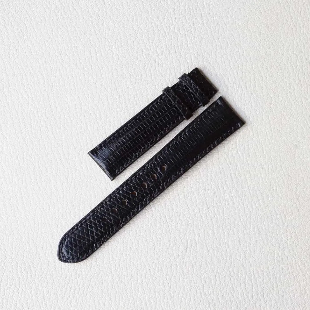 Black Lizard leather watch band, Handmade Lizard watch strap (19mm, Steel Folding Clasp)