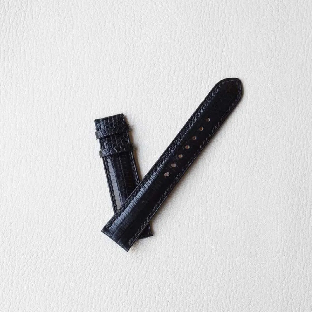 Black Lizard leather watch band, Handmade Lizard watch strap (19mm, Steel Folding Clasp)