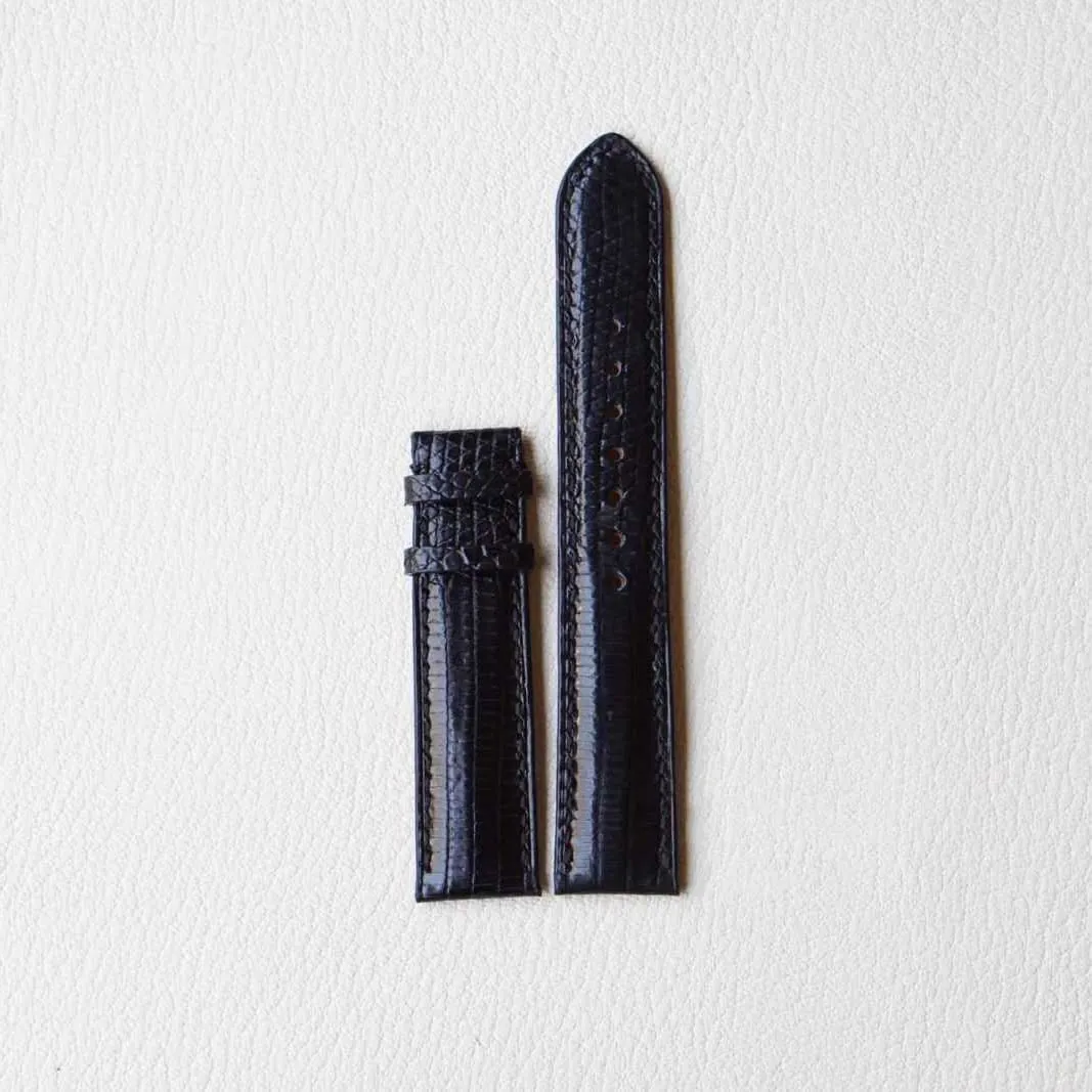 Black Lizard leather watch band, Handmade Lizard watch strap (19mm, Steel Folding Clasp)