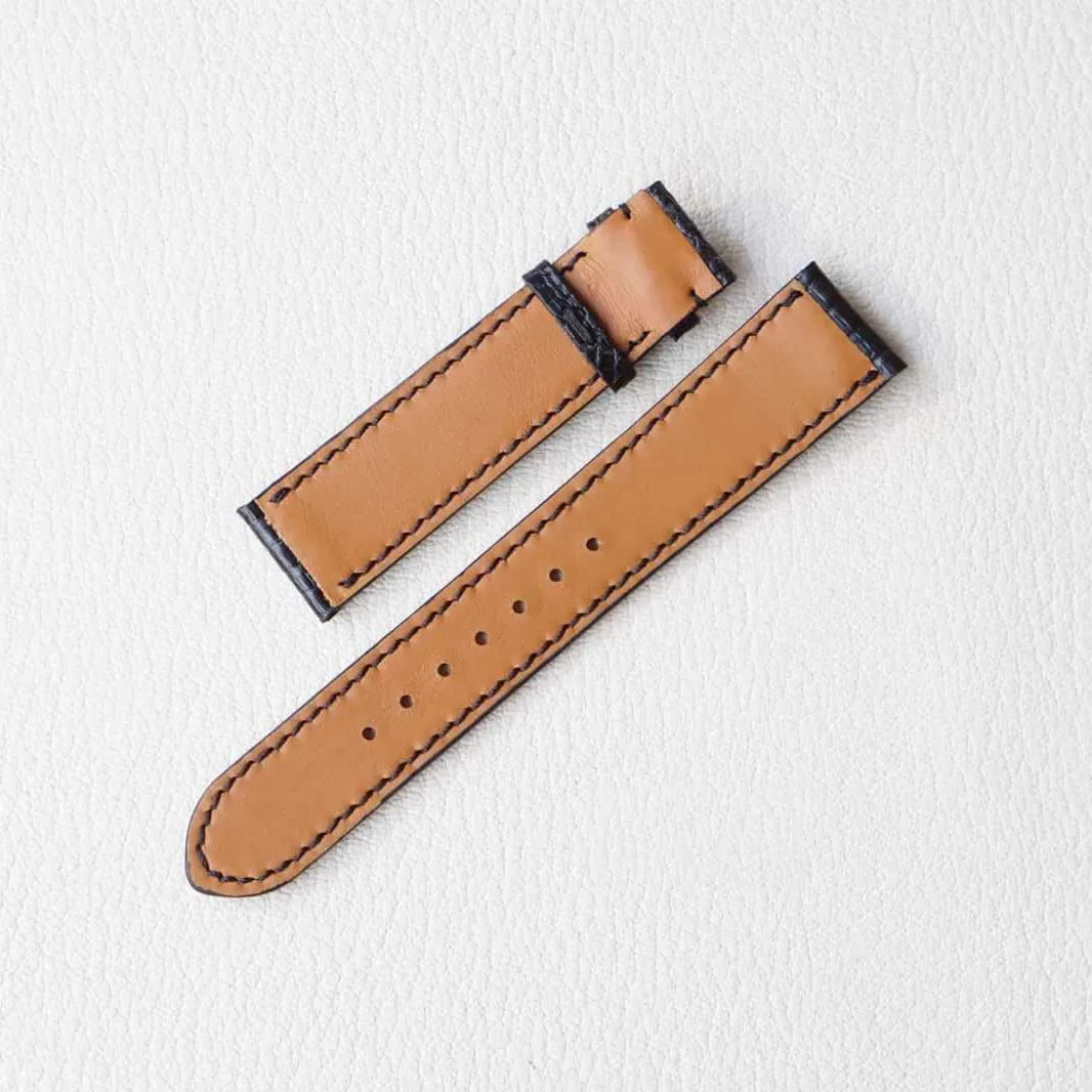 Black Lizard leather watch band, Handmade Lizard watch strap (19mm, Steel Folding Clasp)
