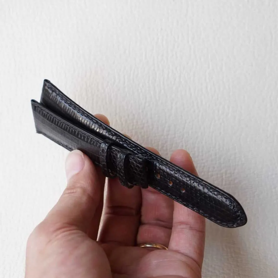 Black Lizard leather watch band, Handmade Lizard watch strap (19mm, Steel Folding Clasp)