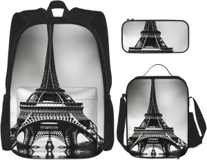 Black Paris Eiffel Tower Print Versatile Adjustable Shoulder Fashion Backpack Lunch Bag Pencil Case Large Capacity