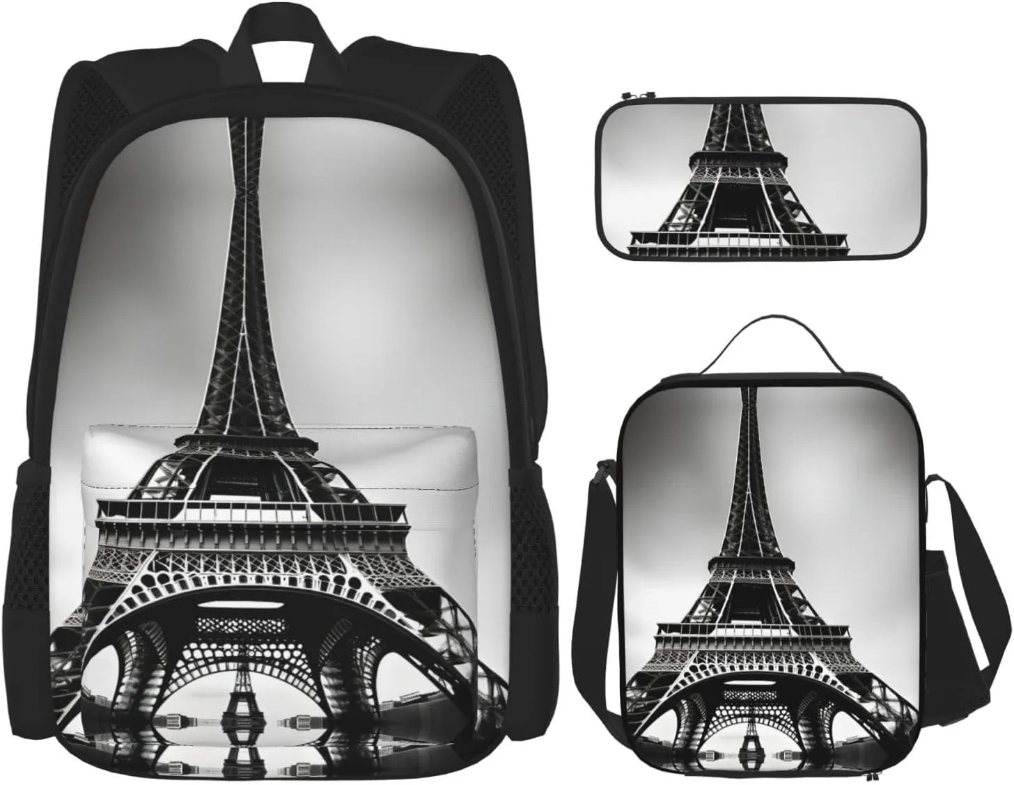 Black Paris Eiffel Tower Print Versatile Adjustable Shoulder Fashion Backpack Lunch Bag Pencil Case Large Capacity