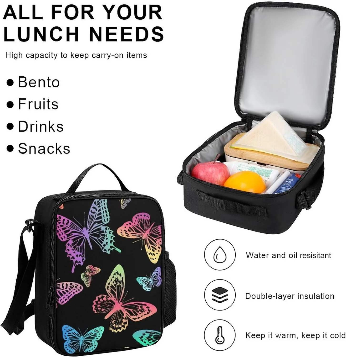 Black Rainbow Butterfly Lightweight Pocket Backpack Crossbody Lunch Bag Set Unisex