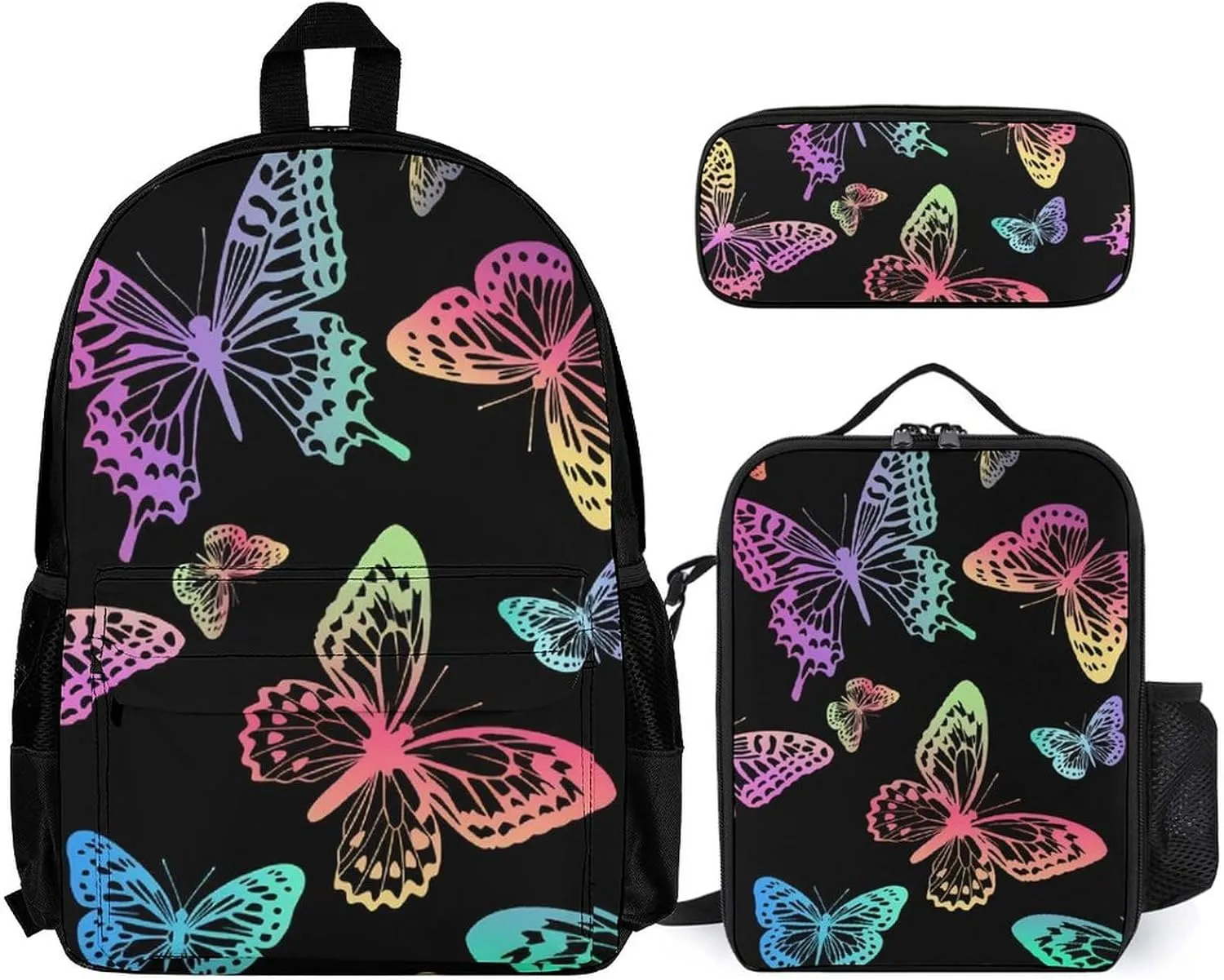 Black Rainbow Butterfly Lightweight Pocket Backpack Crossbody Lunch Bag Set Unisex