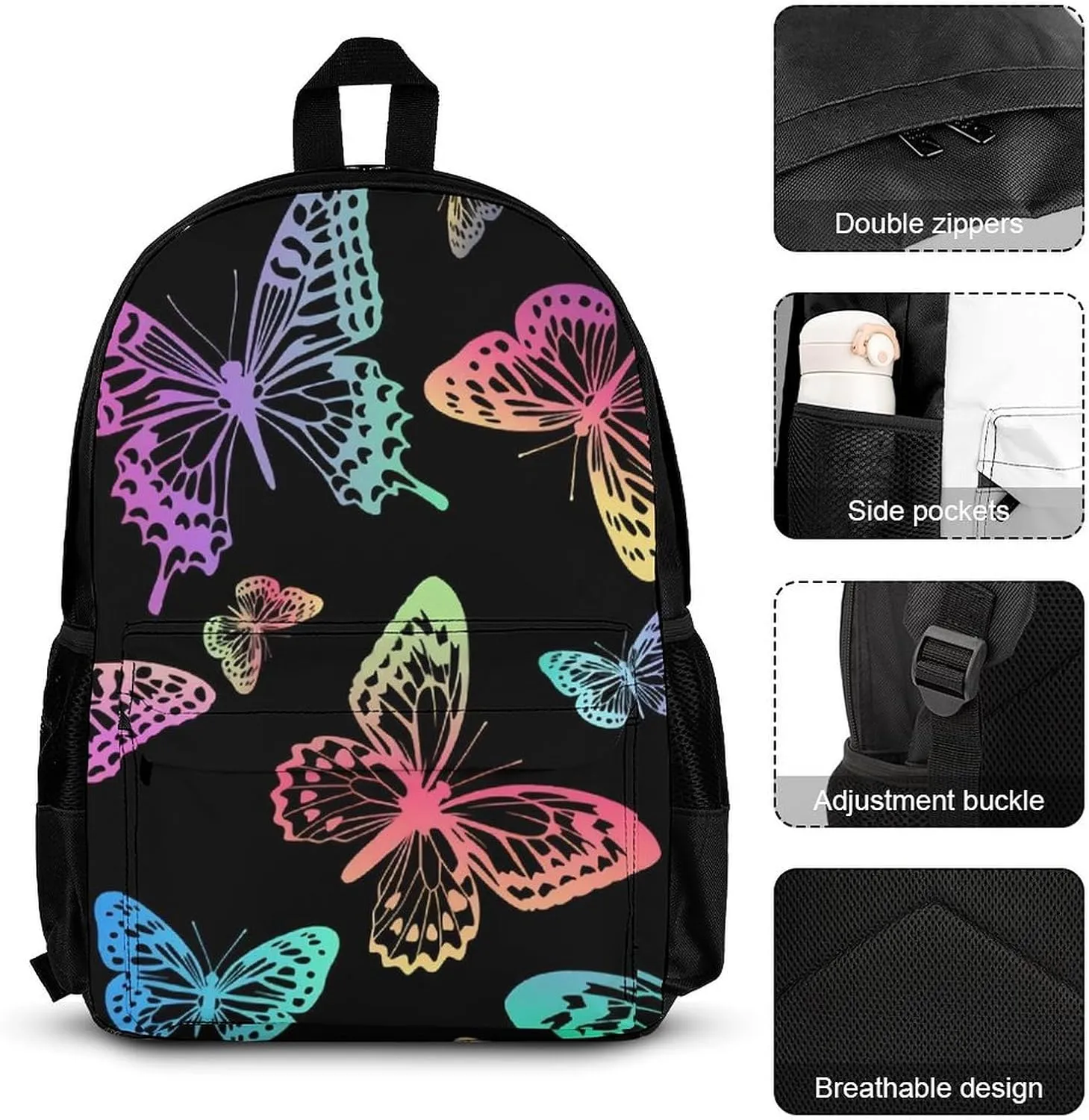 Black Rainbow Butterfly Lightweight Pocket Backpack Crossbody Lunch Bag Set Unisex