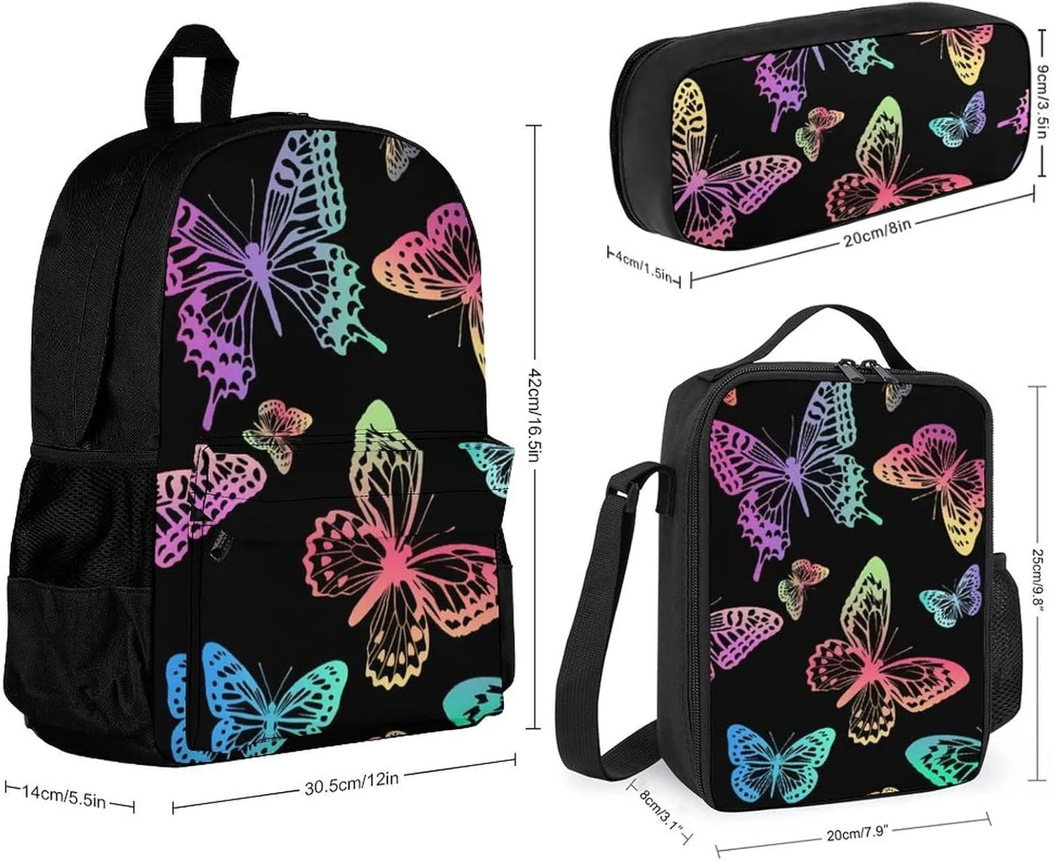 Black Rainbow Butterfly Lightweight Pocket Backpack Crossbody Lunch Bag Set Unisex