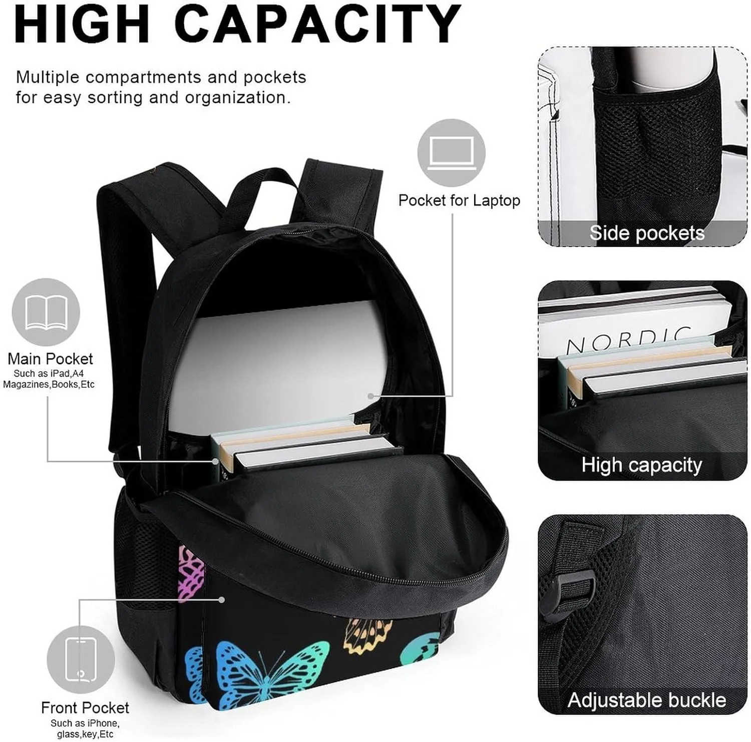 Black Rainbow Butterfly Lightweight Pocket Backpack Crossbody Lunch Bag Set Unisex
