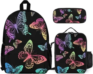 Black Rainbow Butterfly Lightweight Pocket Backpack Crossbody Lunch Bag Set Unisex