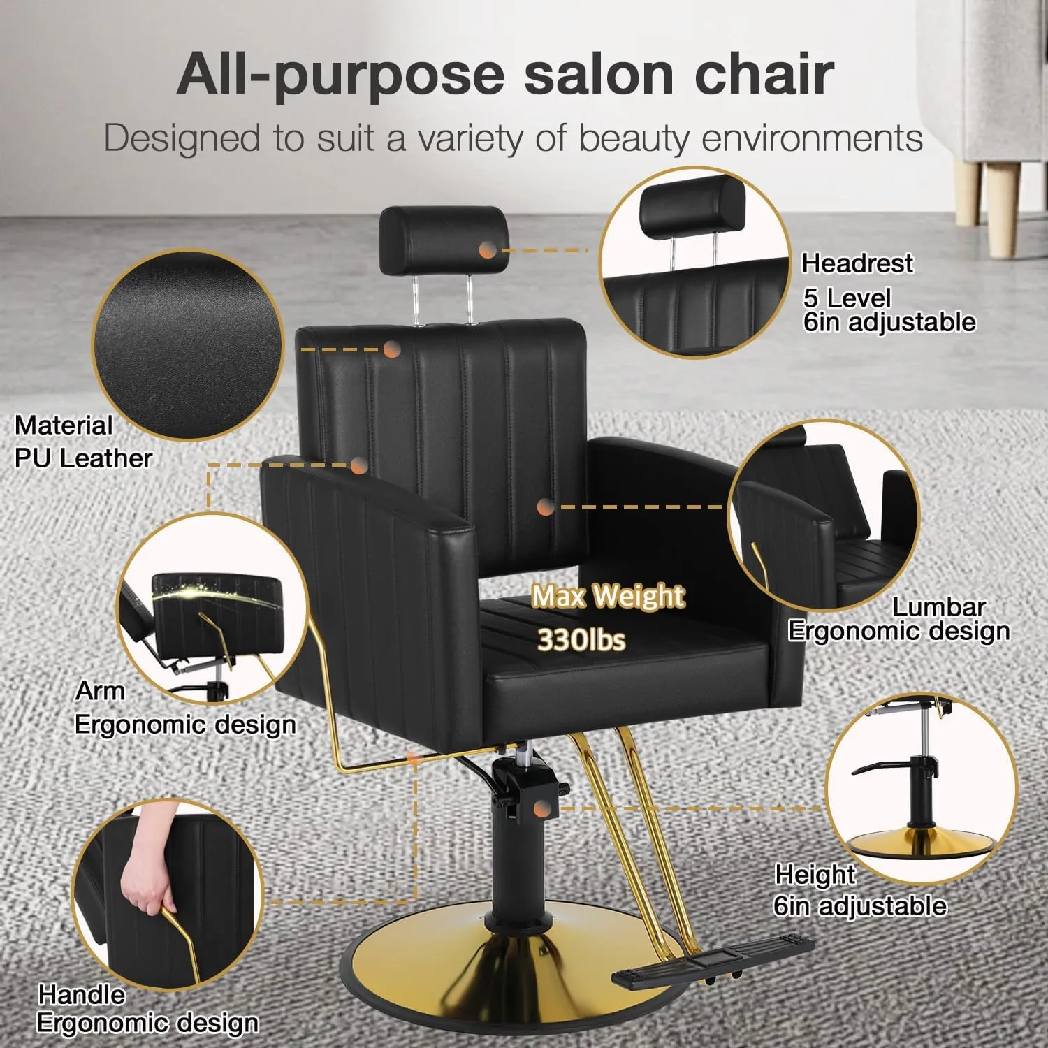 Black Salon Chair for Hair Stylist, 90°-135° Reclining Barber Chair for Barbershop with Hydraulic Pump, 360° Swivel, Multi-Function Hair Styling Shampoo Chair Tattoo Chair Braiding Chair