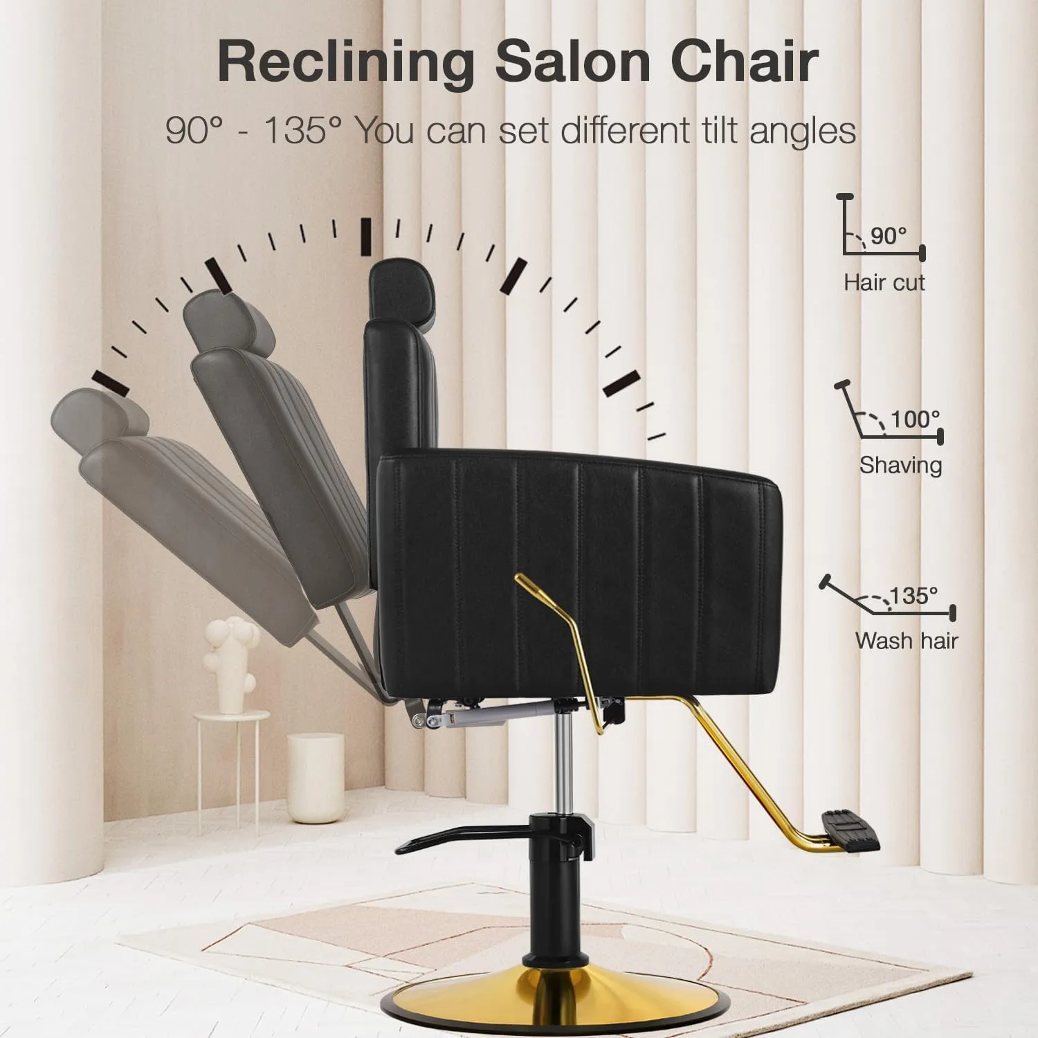 Black Salon Chair for Hair Stylist, 90°-135° Reclining Barber Chair for Barbershop with Hydraulic Pump, 360° Swivel, Multi-Function Hair Styling Shampoo Chair Tattoo Chair Braiding Chair
