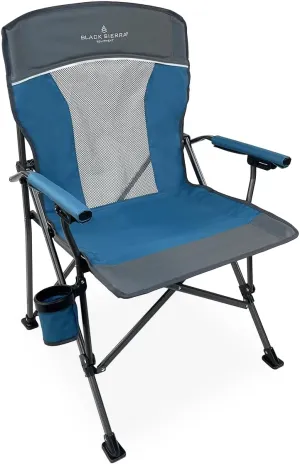 Black Sierra Camping Chair w/Padded Hard Armrest, Folding Lawn Chair w/Mesh Vented Back, Portable Beach Chair w/Cup Holder and Carry Bag, Supports 300 lbs for Sports, Backyard, Tailgating