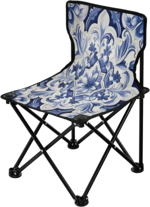 Blue and White Tile Portable Outdoor Folding Chair Anti-Slip Padded Oxford Cloth Stool Camping Chair Small for Beach Hiking Fishing Gardening Quad Camp Chair