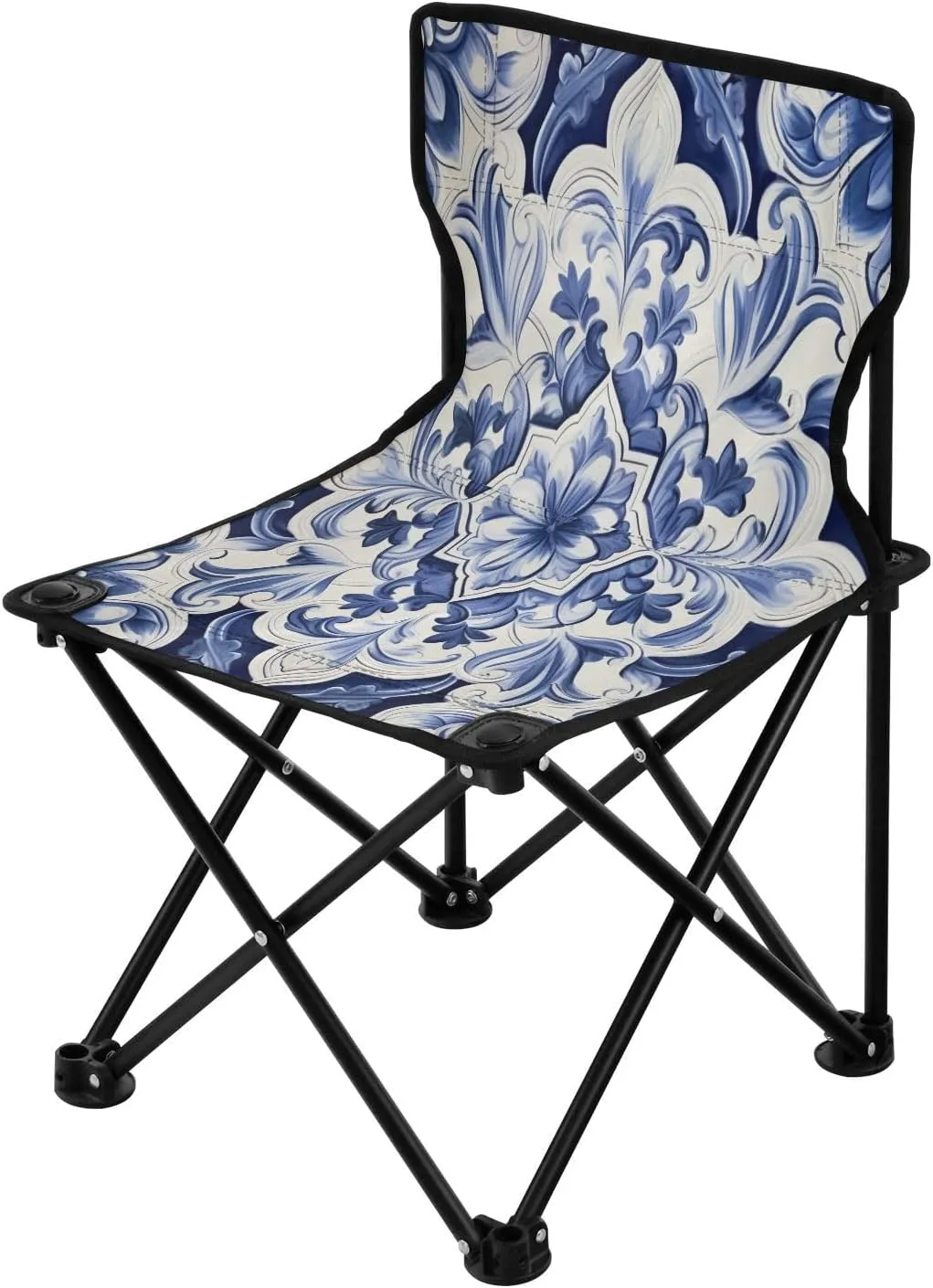 Blue and White Tile Portable Outdoor Folding Chair Anti-Slip Padded Oxford Cloth Stool Camping Chair Small for Beach Hiking Fishing Gardening Quad Camp Chair