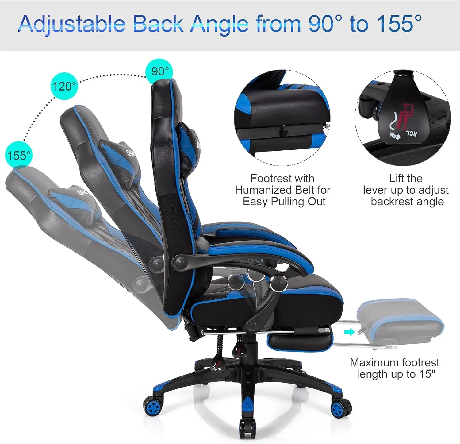 Blue Gaming Chair Ergonomic Computer Chair for Adults Teens Reclining Gamer Chair High Back Game Chair Racing Style Desk Chair with Retractable Footrest, Lumbar Support and Headrest
