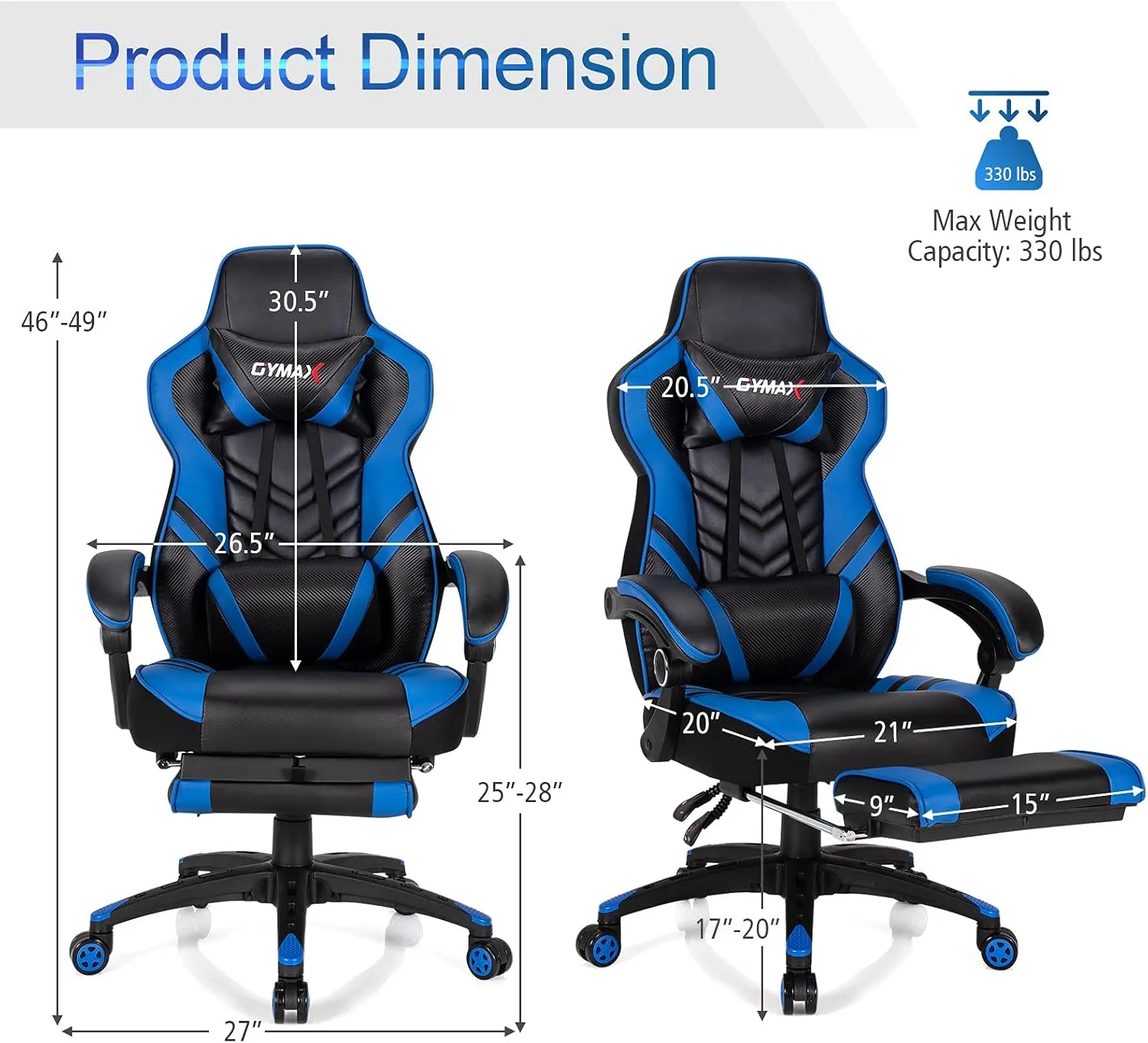 Blue Gaming Chair Ergonomic Computer Chair for Adults Teens Reclining Gamer Chair High Back Game Chair Racing Style Desk Chair with Retractable Footrest, Lumbar Support and Headrest