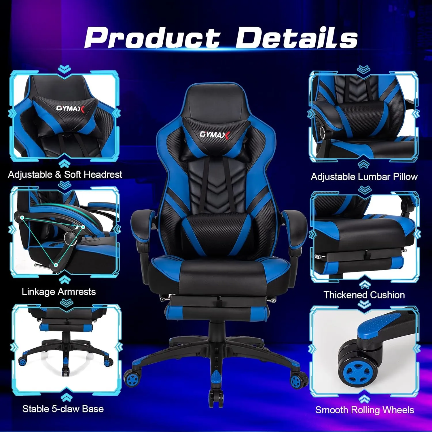 Blue Gaming Chair Ergonomic Computer Chair for Adults Teens Reclining Gamer Chair High Back Game Chair Racing Style Desk Chair with Retractable Footrest, Lumbar Support and Headrest
