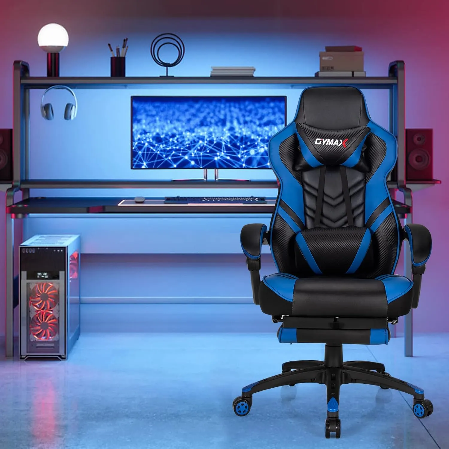 Blue Gaming Chair Ergonomic Computer Chair for Adults Teens Reclining Gamer Chair High Back Game Chair Racing Style Desk Chair with Retractable Footrest, Lumbar Support and Headrest