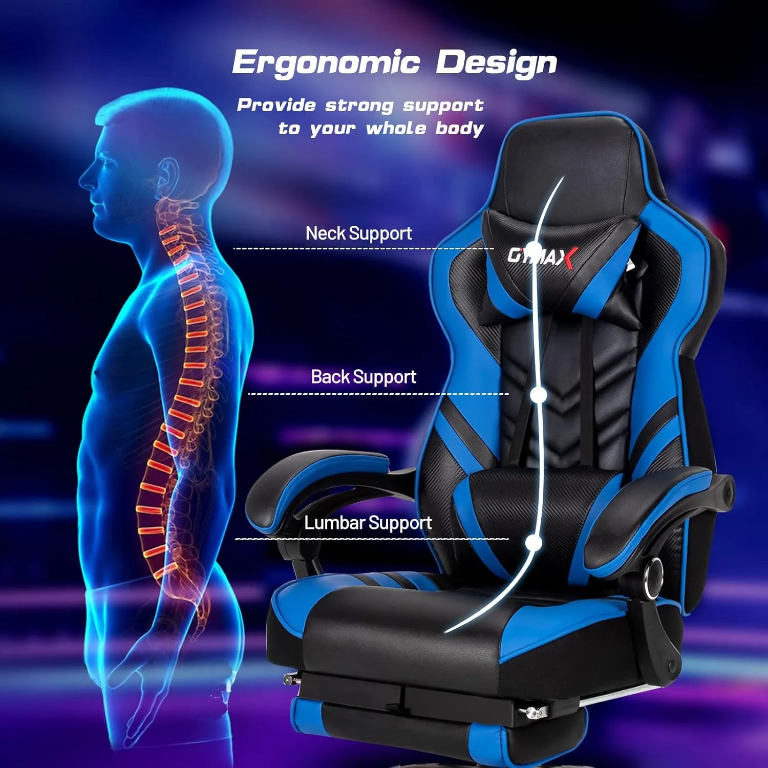 Blue Gaming Chair Ergonomic Computer Chair for Adults Teens Reclining Gamer Chair High Back Game Chair Racing Style Desk Chair with Retractable Footrest, Lumbar Support and Headrest