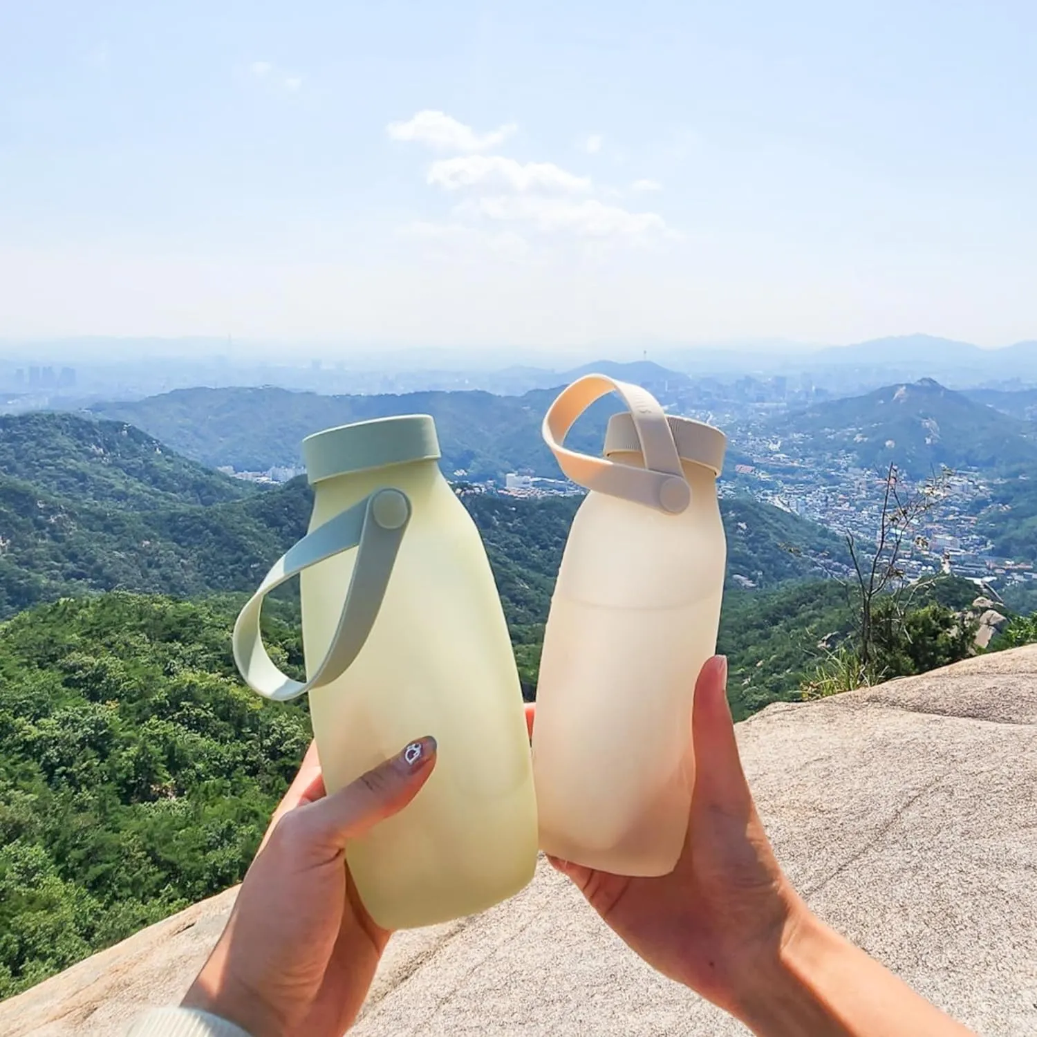 BLUE GINKGO Collapsible Water Bottle [2-Pack] – Lightweight, Foldable Silicone Bottles for Travel, Hiking, and Camping (16.9oz, Made in Korea, Rose Pink)