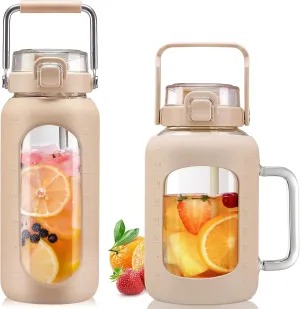 BLUEGO 64oz and 64oz Glass Water Bottles Bundle(64 Amber   64 Amber) with Straw and Lids Handle Large Water Bottle with Sleeve, Half Gallon Water Jug, Glass Water Container, BPA Free