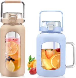 BLUEGO 64oz and 64oz Glass Water Bottles Bundle(64 Amber   64 Blue) with Straw and Lids Handle Large Water Bottle with Sleeve, Half Gallon Water Jug, Glass Water Container, BPA Free
