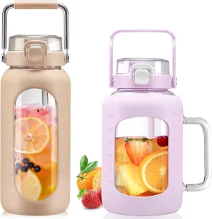 BLUEGO 64oz and 64oz Glass Water Bottles Bundle(64 Amber   64 Purple) with Straw and Lids Handle Large Water Bottle with Sleeve, Half Gallon Water Jug, Glass Water Container, BPA Free
