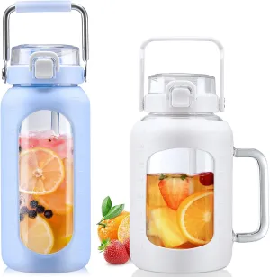 BLUEGO 64oz and 64oz Glass Water Bottles Bundle(64 LBlue   64 White) with Straw and Lids Handle Large Water Bottle with Sleeve, Half Gallon Water Jug, Glass Water Container, BPA Free