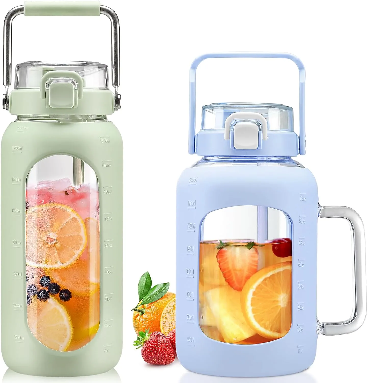 BLUEGO 64oz and 64oz Glass Water Bottles Bundle(64 LGreen   64 Blue) with Straw and Lids Handle Large Water Bottle with Sleeve, Half Gallon Water Jug, Glass Water Container, BPA Free