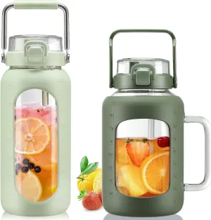 BLUEGO 64oz and 64oz Glass Water Bottles Bundle(64 LGreen   64 Olive) with Straw and Lids Handle Large Water Bottle with Sleeve, Half Gallon Water Jug, Glass Water Container, BPA Free