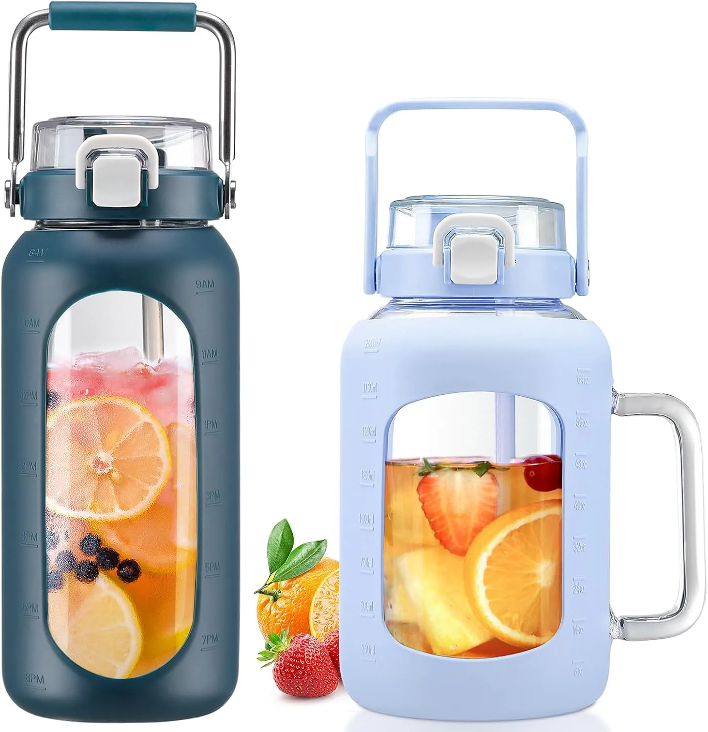 BLUEGO 64oz and 64oz Glass Water Bottles Bundle(64 Navy   64 Blue) with Straw and Lids Handle Large Water Bottle with Sleeve, Half Gallon Water Jug, Glass Water Container, BPA Free