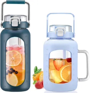 BLUEGO 64oz and 64oz Glass Water Bottles Bundle(64 Navy   64 Blue) with Straw and Lids Handle Large Water Bottle with Sleeve, Half Gallon Water Jug, Glass Water Container, BPA Free
