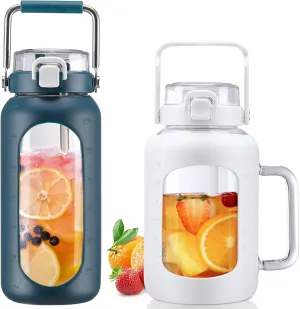 BLUEGO 64oz and 64oz Glass Water Bottles Bundle(64 Navy   64 White) with Straw and Lids Handle Large Water Bottle with Sleeve, Half Gallon Water Jug, Glass Water Container, BPA Free