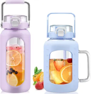 BLUEGO 64oz and 64oz Glass Water Bottles Bundle(64 Purple   64 Blue) with Straw and Lids Handle Large Water Bottle with Sleeve, Half Gallon Water Jug, Glass Water Container, BPA Free