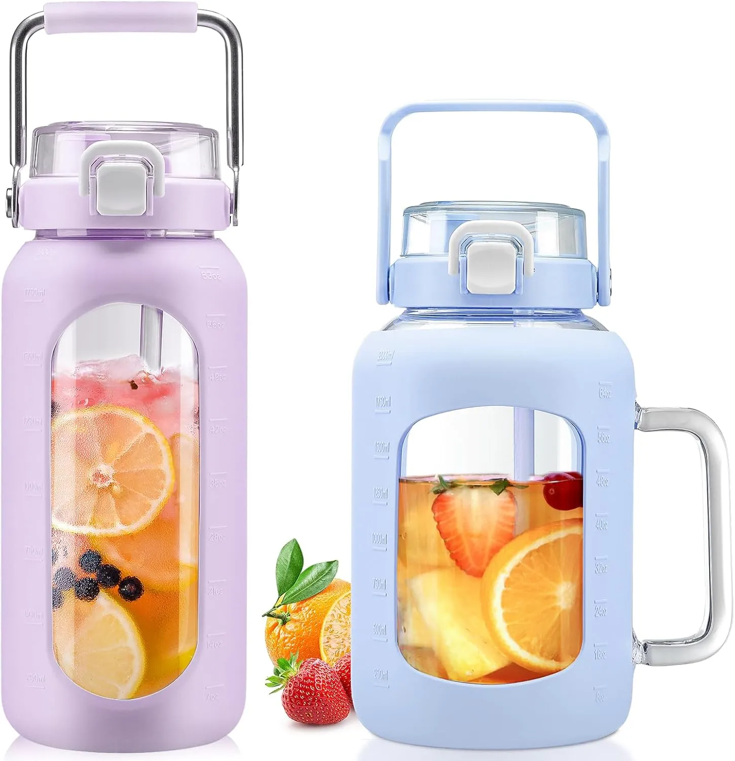 BLUEGO 64oz and 64oz Glass Water Bottles Bundle(64 Purple   64 Blue) with Straw and Lids Handle Large Water Bottle with Sleeve, Half Gallon Water Jug, Glass Water Container, BPA Free