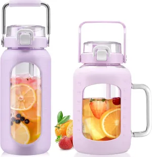 BLUEGO 64oz and 64oz Glass Water Bottles Bundle(64 Purple   64 Purple) with Straw and Lids Handle Large Water Bottle with Sleeve, Half Gallon Water Jug, Glass Water Container, BPA Free
